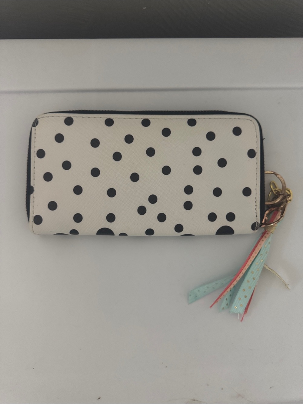 Polka Dot Zip Wallet Wristlet - White with Black Dots